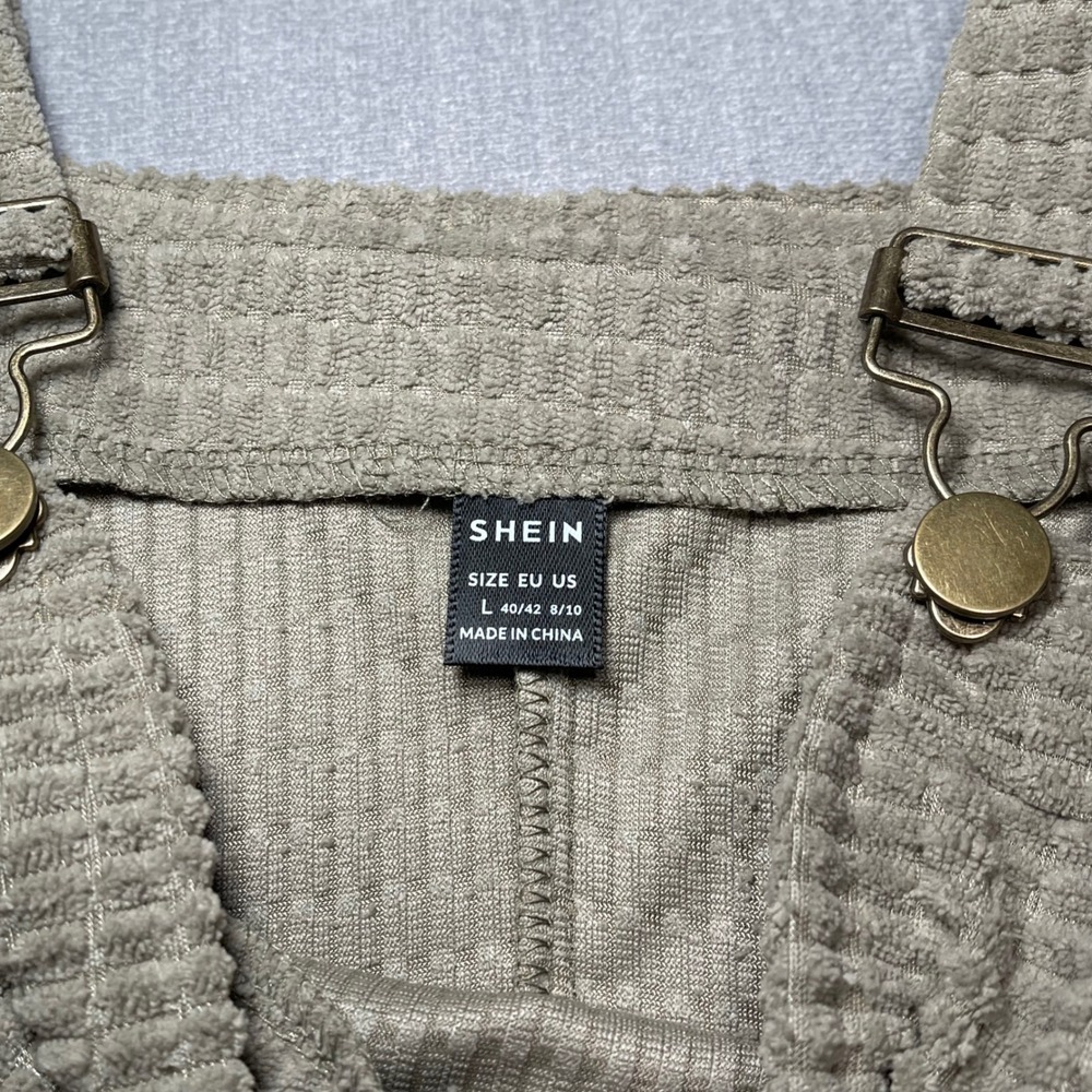 Women's Olive Taupe Waffle Knit Pinafore Dress Mini Overall Style Size L Pockets - Picture 3 of 8